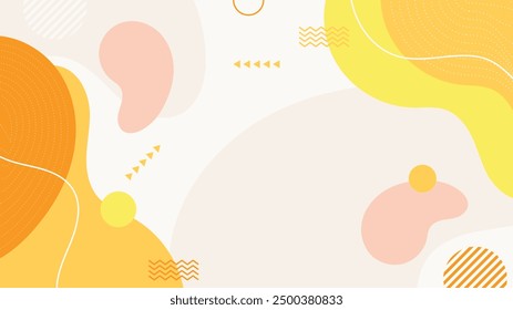 Abstract colorful orange Memphis flat geometric shapes background. Abstract composition with lines square dot triangle circle and wavy flat style. Design for poster, presentation, card, cover, banner.