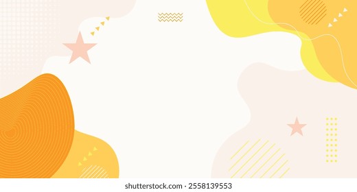 Abstract colorful orange Memphis flat geometric shapes background. Abstract composition with lines square dot triangle circle and wavy flat style. Design for poster, presentation, card, cover, banner.