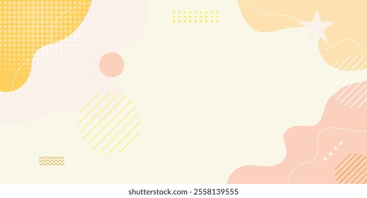 Abstract colorful orange Memphis flat geometric shapes background. Abstract composition with lines square dot triangle circle and wavy flat style. Design for poster, presentation, card, cover, banner.