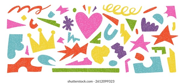 Abstract, colorful organic shapes inspired by childlike cutout paper collages. Rough edges, bold colors, and a playful layout recreate the charm of handmade paper crafts.