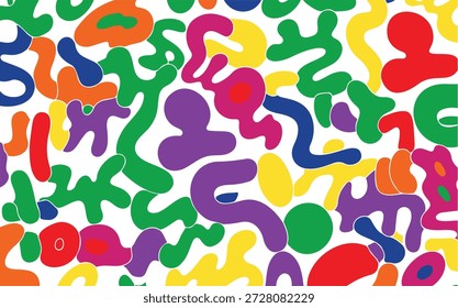 Abstract colorful organic shapes pattern with bold bright colors including red, yellow, green, blue and purple. Modern playful vector background with fluid blobs and wavy forms, perfect for creative design, wallpaper, textile, branding, packaging, posters and digital art projects.