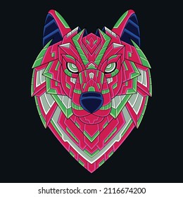 Abstract Colorful Ornament Doodle Art Wolf Head Illustration Cartoon Concept Vector. Suitable For Logo, Wallpaper, Banner, Background, Card, Book Illustration, T-Shirt Design, Sticker, Cover, etc