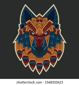 Abstract Colorful Ornament Doodle Zentangle Art Wolf Robot Illustration Cartoon Concept Vector. Suitable For Wallpaper, Banner, Background, Card, Book Illustration, T-Shirt Design, Sticker, Cover, etc