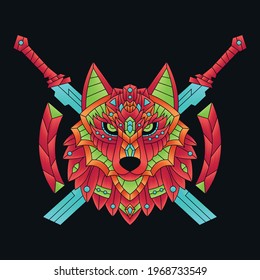Abstract Colorful Ornament Doodle Zentangle Art Wolf Illustration Cartoon Concept Vector. Suitable For Logo, Wallpaper, Banner, Background, Card, Book Illustration, T-Shirt Design, Sticker, Cover, etc