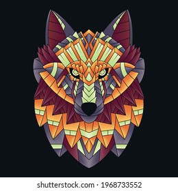 Abstract Colorful Ornament Doodle Zentangle Art Wolf Illustration Cartoon Concept Vector. Suitable For Logo, Wallpaper, Banner, Background, Card, Book Illustration, T-Shirt Design, Sticker, Cover, etc
