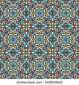 Abstract colorful ornament with floral swirls, vector geometric seamless pattern, repeating curly background for wallpaper or wrapping paper design in retro style