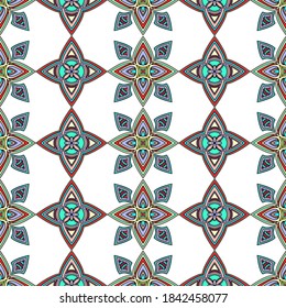 Abstract colorful ornament, oriental curve swirls seamless pattern with flowers and curl, openwork. Multicolored tracery on white background, for fabric design, wallpaper, print. Vector illustration