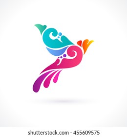 Abstract colorful ornamental bird logo symbol. Graphic stylized vector illustration. For invitation, greeting card, certificate, business sign, identity, branding