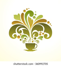 Abstract colorful ornate Green herbal tea mug cup with a hot drink and aroma steam. Vector illustration for packaging tea, label, banner, poster, identity, branding.  Design element green tea symbol