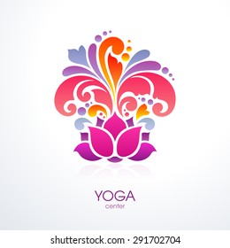 Abstract colorful ornate splash yoga background Decorative lotus flower symbol icon design element logo yoga class, relax spa center Illustration for banner, poster, business sign, identity, branding