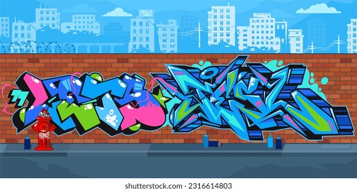 Abstract Colorful Outdoor Urban Streetart Graffiti Wall With Drawings Against The Background Of The Cityscape Vector Illustration