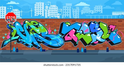 Abstract Colorful Outdoor Urban Streetart Graffiti Wall With Drawings Against The Background Of The Cityscape Vector Illustration