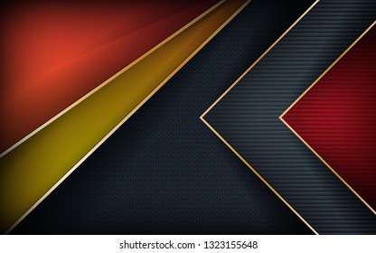 Abstract colorful overlap layer background. Golden line and textured black background.