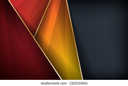 Abstract colorful overlap layer background. Golden line and textured black background.