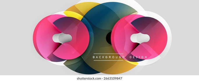 Abstract colorful overlapping circles create dynamic visual effect. Modern design elements suggest creativity, innovation. Background features gradients, shapes.