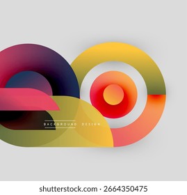 Abstract colorful overlapping circles create dynamic visual. Gradient shades blend, forming modern design element. Background is light gray.