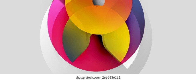 Abstractas círculos de colores superpuestos crean una visual dinámica. Los tonos brillantes se mezclan, formando Formas interesantes, Gradientes. Elemento de diseño moderno.