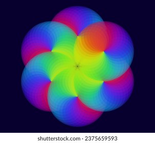 Abstrakte bunt überschneidende Kreise Blume des Lebenssymboles. Regenbogenfarben, kosmisches Universum-Energierad. Vektorgrafik.