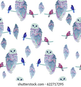Abstract colorful owls, small birds, seamless pattern, vector illustration