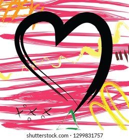 abstract colorful paint brush and scribble lines with hearts shapes pattern background