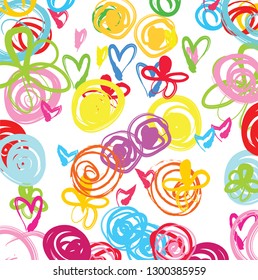abstract colorful paint brush and scribble lines with heart and flowers pattern background 