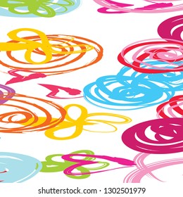 abstract colorful paint brush and scribble lines with heart and flowers pattern background 
