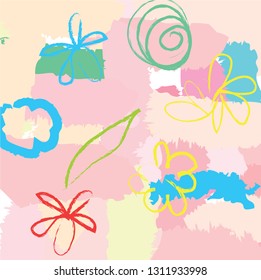 abstract colorful paint brush and strokes, scribble pattern background. colorful pink nice brush strokes and hand drawn with flowers and leaves background. modern beautiful grunge and stripes pattern
