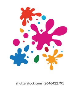 Abstract colorful paint splatter in vector style, vibrant droplets of red, cyan, yellow, and magenta scattered dynamically over a clean white background