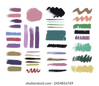Abstract and colorful paint texture graphic element set. Grunge brush strokes bundle for painting illustration.