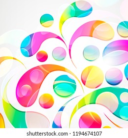 Abstract colorful paisley arc-drop pattern on a white background. Transparent colorful drops and circles design card.  Vector illustration. 