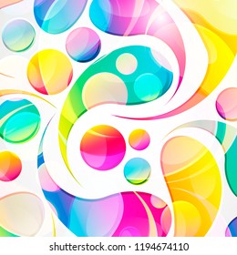 Resumen del patrón de arco-gota paisajista colorido sobre un fondo blanco. Gotas de color transparentes y tarjeta de diseño de círculos.  Ilustración vectorial. 