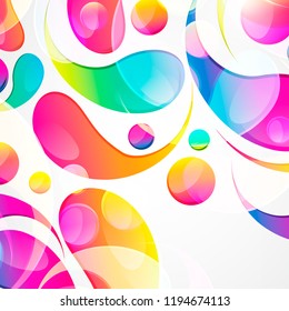 Abstract colorful paisley arc-drop pattern on a white background. Transparent colorful drops and circles design card.  Vector illustration. 