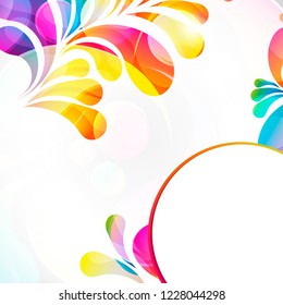 Abstract colorful paisley arc-drop pattern on a white background. Transparent colorful drops and circles design card.  Vector illustration. 