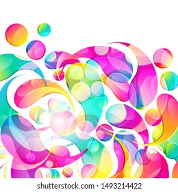 Abstract colorful paisley arc-drop pattern on a white background. Transparent colorful drops and circles design card.  Vector illustration.