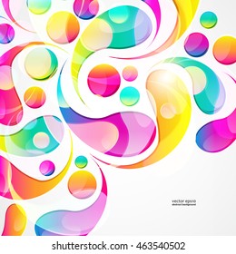 Abstract colorful paisley arc-drop pattern on a white background. Transparent colorful drops and circles design card.  Vector illustration. 