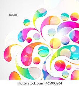 Resumen del patrón de arco-gota paisajista colorido sobre un fondo blanco. Gotas de color transparentes y tarjeta de diseño de círculos.  Ilustración vectorial. 
