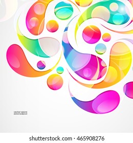 Abstract colorful paisley arc-drop pattern on a white background. Transparent colorful drops and circles design card.  Vector illustration. 