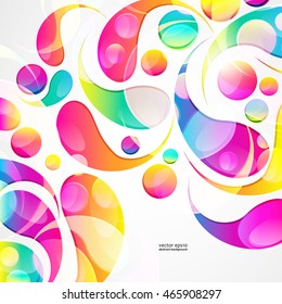 Abstract colorful paisley arc-drop pattern on a white background. Transparent colorful drops and circles design card.  Vector illustration. 