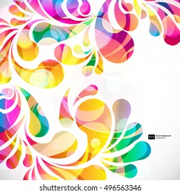 Abstract colorful paisley arc-drop pattern on a white background. Transparent colorful drops and circles design card.  Vector illustration. 
