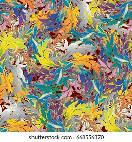 Abstract colorful paisley seamless pattern. Floral modern background wallpaper illustration with vintage multicolor paisley flowers, swirl leaves and bright flourish ornaments. Vector rich texture