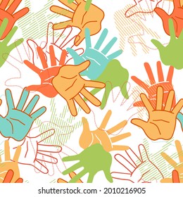 Abstract Colorful Palm of Hands Gesture Vector Graphic Seamless Pattern can be use for background and apparel design