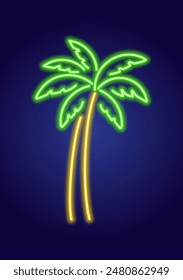 Abstract colorful palm tree, neon glowing illustration. Minimalistic neon glowing line design.