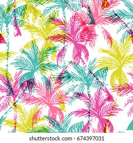 Abstract colorful palm trees seamless pattern. Vector summer background. Hand drawn bright art illustration