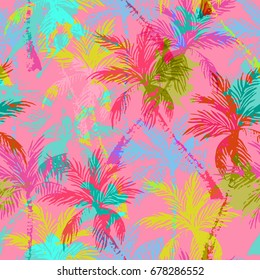 Abstract colorful palm trees seamless pattern. Vector summer background with rough grunge textured brush strokes. Hand drawn bright art illustration