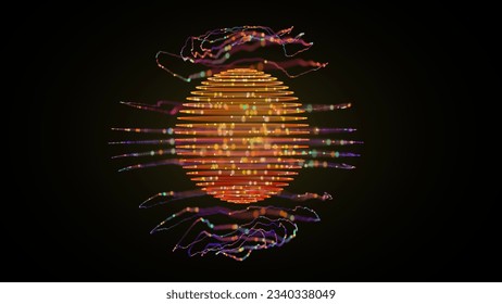 Abstract colorful particles sphere. Bright dots background. Sci-Fi Planet with satellites. Distorted ring waves. HUD element in futuristic style. DOF