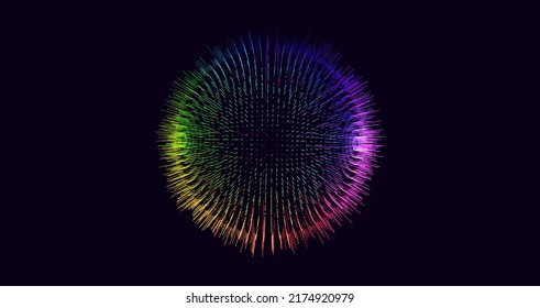 Abstract Colorful Particles Sphere. Vivid Dots Background. Futuristic Style HUD Element. Points Array. Spherical Audio Waveform Visualization Vector Illustration.