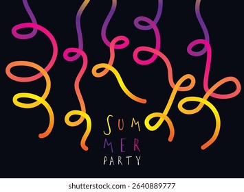 Abstract colorful party background with gradient lines. Gradient 3D vector confetti design on black background. Set of rainbow ribbons and wavy graphic elements with place for your text.	