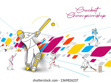 Abstract colorful pattern with batsman and bowler playing cricket championship background. Use for cover, poster, template, brochure, decorated, flyer, banner.