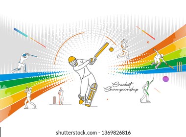 Abstract colorful pattern with batsman and bowler playing cricket championship background. Use for cover, poster, template, brochure, decorated, flyer, banner.