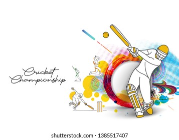 Abstract colorful pattern with batsman and bowler playing cricket championship background. Use for cover, poster, template, brochure, decorated, flyer, banner.